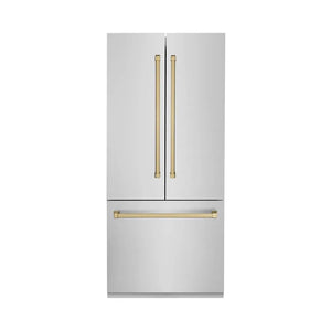 ZLINE Autograph Edition 36 in. 19.6 cu. ft. French Door Built-In Bottom Freezer Refrigerator with Water Dispenser and Ice Maker in Stainless Steel with Champagne Bronze Accents (RBIVZ-304-36-CB) main image.