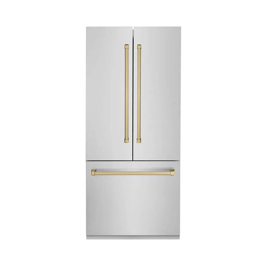 ZLINE Autograph Edition 36 in. 19.6 cu. ft. French Door Built-In Bottom Freezer Refrigerator with Water Dispenser and Ice Maker in Stainless Steel with Champagne Bronze Accents (RBIVZ-304-36-CB) main image.