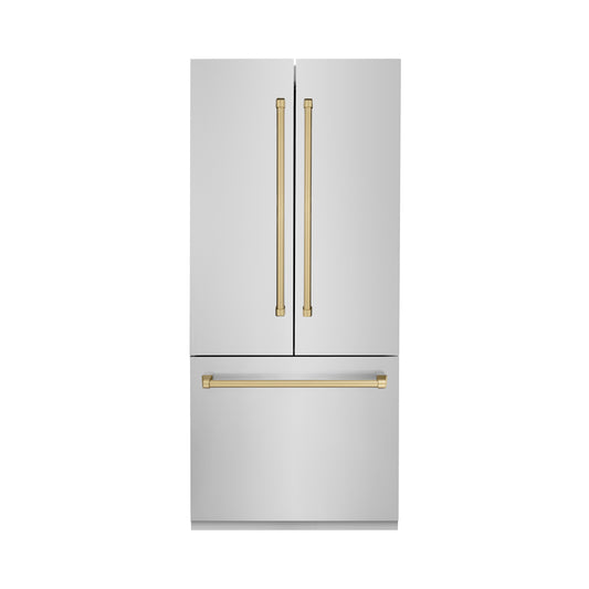 ZLINE Autograph Edition 36 in. 19.6 cu. ft. Built-in 3-Door French Door Refrigerator with Internal Water and Ice Dispenser in Stainless Steel with Champagne Bronze Accents (RBIVZ-304-36-CB) 