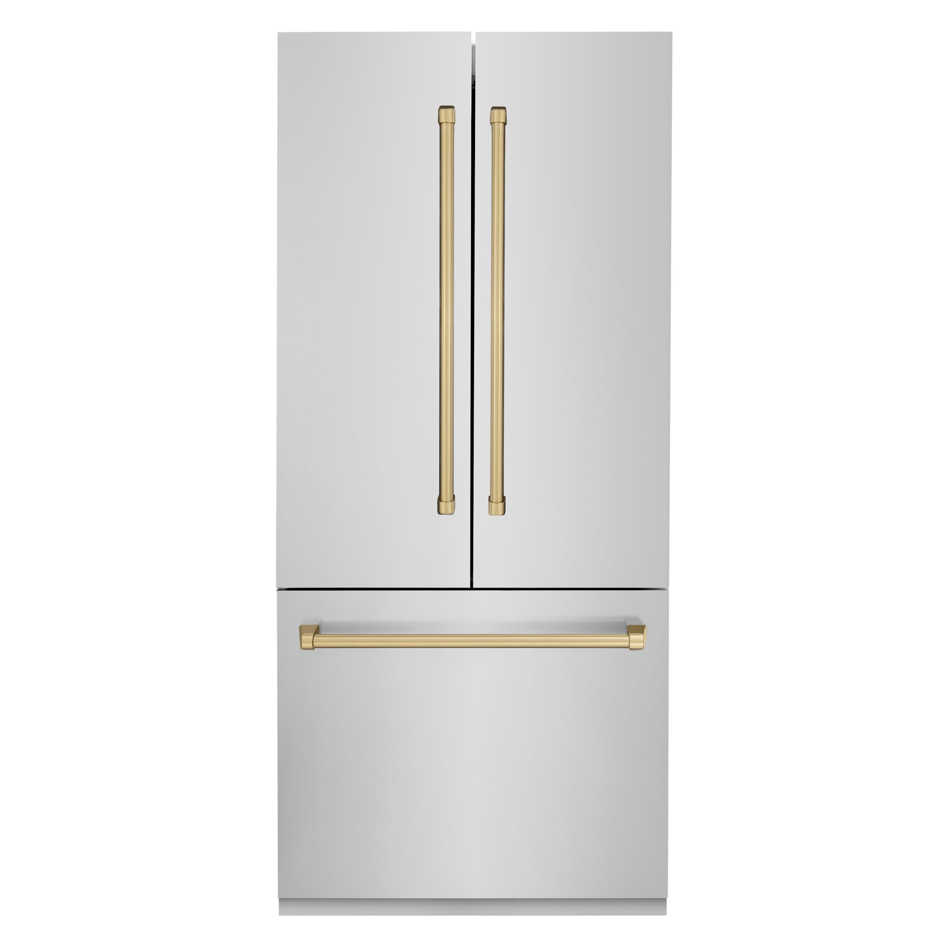 ZLINE Autograph Edition 36 in. 19.6 cu. ft. Built-in 3-Door French Door Refrigerator with Internal Water and Ice Dispenser in Stainless Steel with Champagne Bronze Accents (RBIVZ-304-36-CB) front, closed.