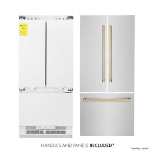 ZLINE Autograph Edition 36 in. 19.6 cu. ft. Built-in 3-Door French Door Refrigerator with Internal Water and Ice Dispenser in Stainless Steel with Champagne Bronze Accents (RBIVZ-304-36-CB) front, refrigeration unit next to panels and handles. Text: Handles and Panels Included.