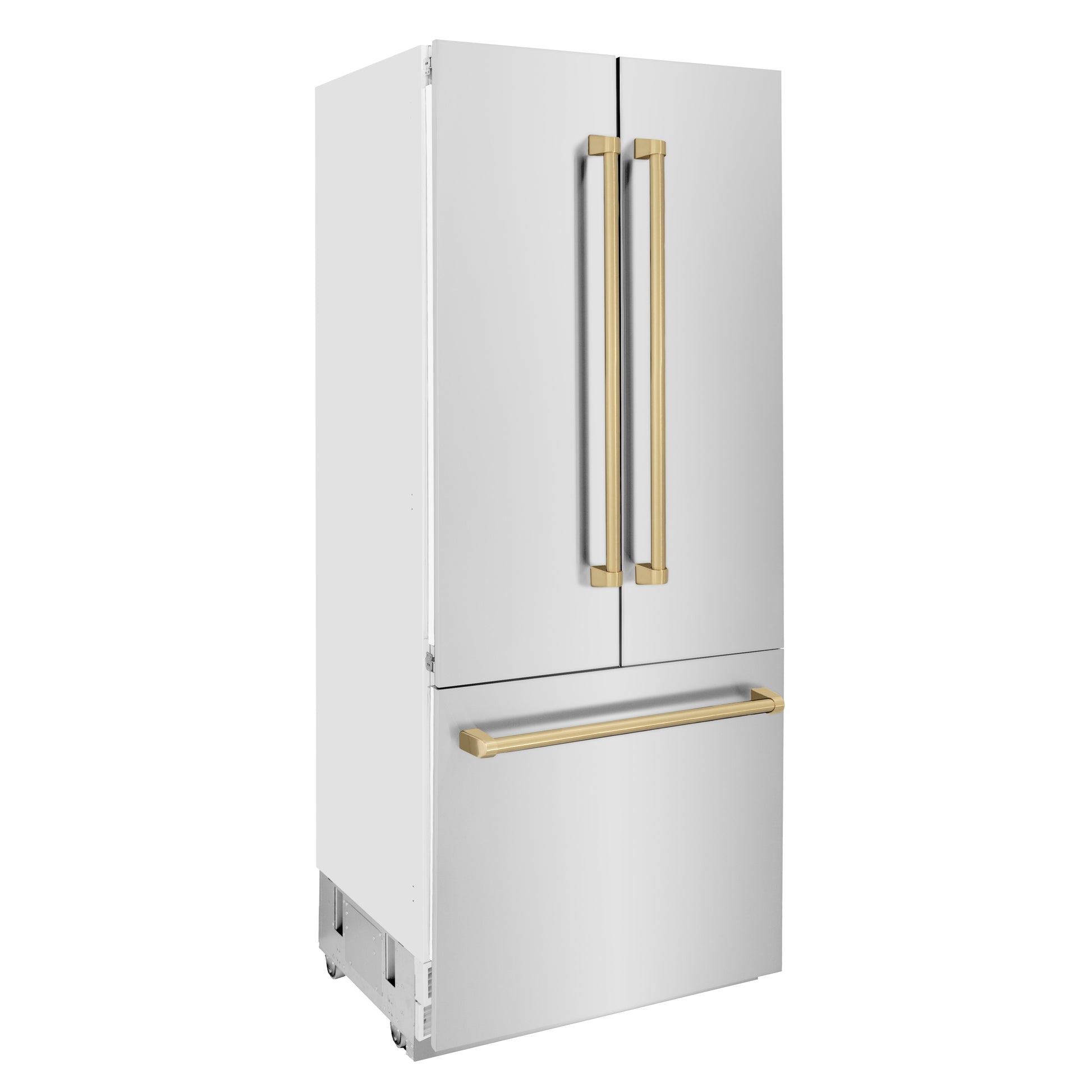 ZLINE Autograph Edition 36 in. 19.6 cu. ft. Built-in 3-Door French Door Refrigerator with Internal Water and Ice Dispenser in Stainless Steel with Champagne Bronze Accents (RBIVZ-304-36-CB) side, closed.