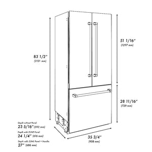 ZLINE Autograph Edition 36 in. 19.6 cu. ft. Built-in 3-Door French Door Refrigerator with Internal Water and Ice Dispenser in Stainless Steel with Polished Gold Accents (RBIVZ-304-36-G) dimensional diagram with measurements.