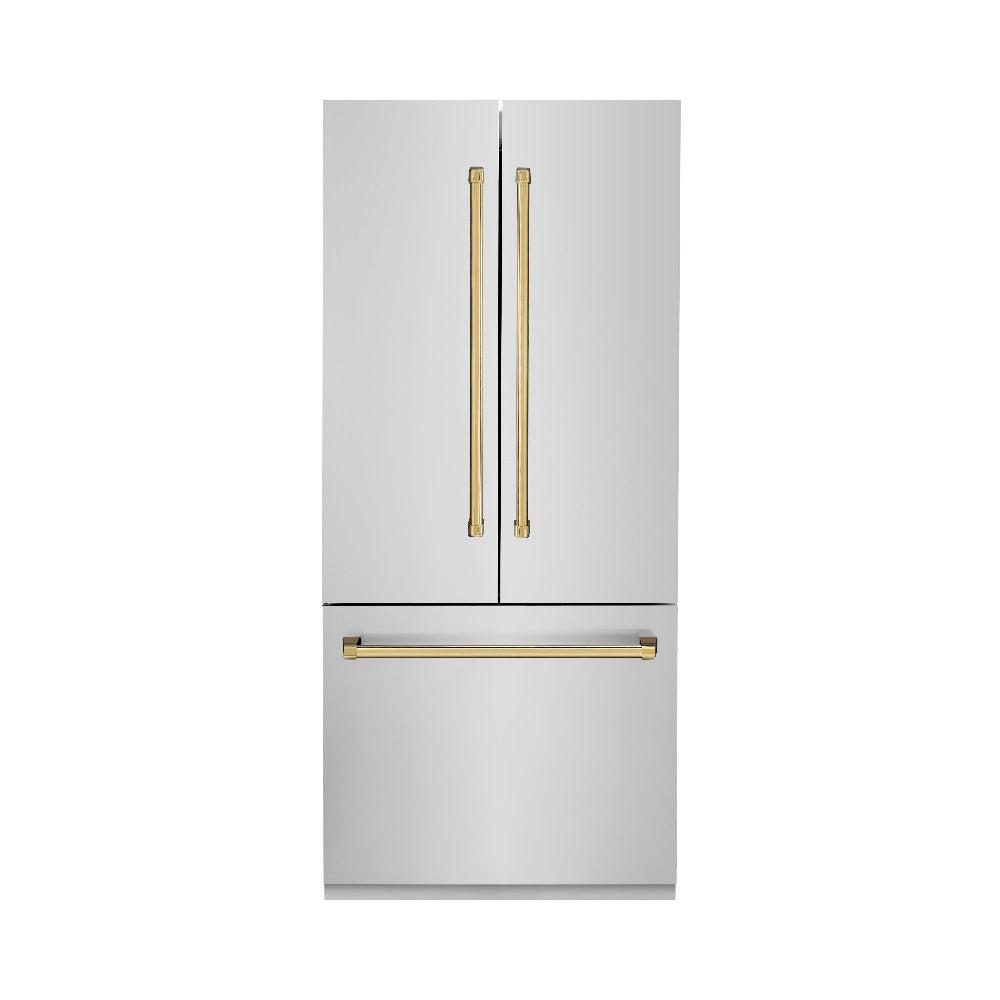 ZLINE Autograph Edition 36 in. 19.6 cu. ft. Built-in 3-Door French Door Refrigerator with Internal Water and Ice Dispenser in Stainless Steel with Polished Gold Accents (RBIVZ-304-36-G) 