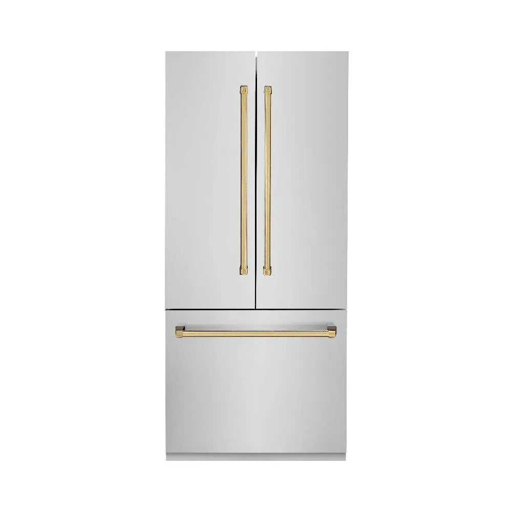 ZLINE Autograph Edition 36 in. 19.6 cu. ft. French Door Built-In Bottom Freezer Refrigerator with Water Dispenser and Ice Maker in Stainless Steel with Polished Gold Accents (RBIVZ-304-36-G) main image.