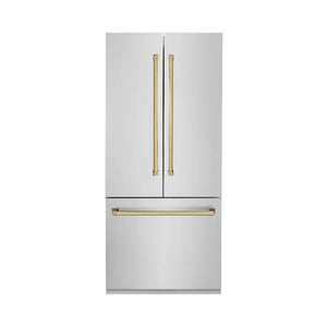 ZLINE Autograph Edition 36 in. 19.6 cu. ft. French Door Built-In Bottom Freezer Refrigerator with Water Dispenser and Ice Maker in Stainless Steel with Polished Gold Accents (RBIVZ-304-36-G) main image.