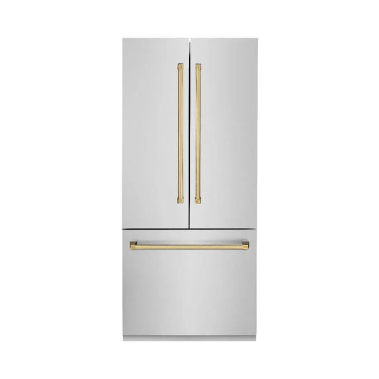 ZLINE Autograph Edition 36 in. 19.6 cu. ft. French Door Built-In Bottom Freezer Refrigerator with Water Dispenser and Ice Maker in Stainless Steel with Polished Gold Accents (RBIVZ-304-36-G) main image.