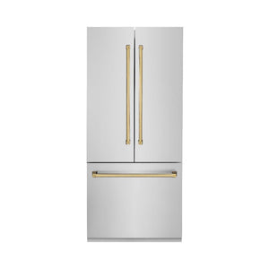 ZLINE Autograph Edition 36 in. 19.6 cu. ft. Built-in 3-Door French Door Refrigerator with Internal Water and Ice Dispenser in Stainless Steel with Polished Gold Accents (RBIVZ-304-36-G) 