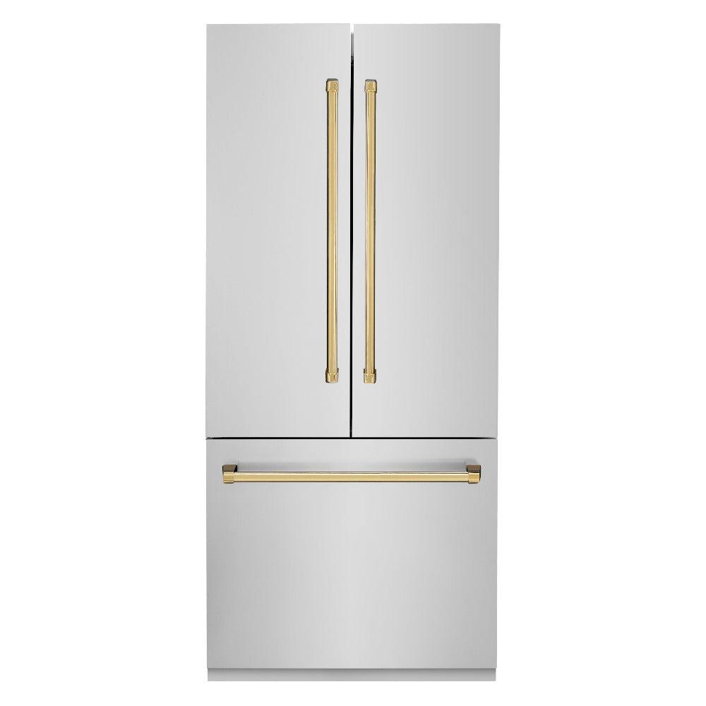 ZLINE Autograph Edition 36 in. 19.6 cu. ft. Built-in 3-Door French Door Refrigerator with Internal Water and Ice Dispenser in Stainless Steel with Polished Gold Accents (RBIVZ-304-36-G) front, closed.