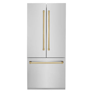 ZLINE Autograph Edition 36 in. 19.6 cu. ft. Built-in 3-Door French Door Refrigerator with Internal Water and Ice Dispenser in Stainless Steel with Polished Gold Accents (RBIVZ-304-36-G) front, closed.