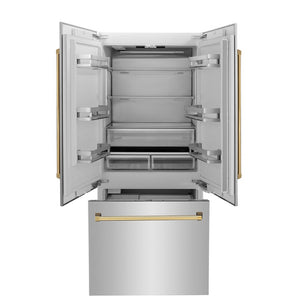 ZLINE Autograph Edition 36 in. 19.6 cu. ft. French Door Built-In Bottom Freezer Refrigerator with Water Dispenser and Ice Maker in Stainless Steel with Polished Gold Accents (RBIVZ-304-36-G) front, open.
