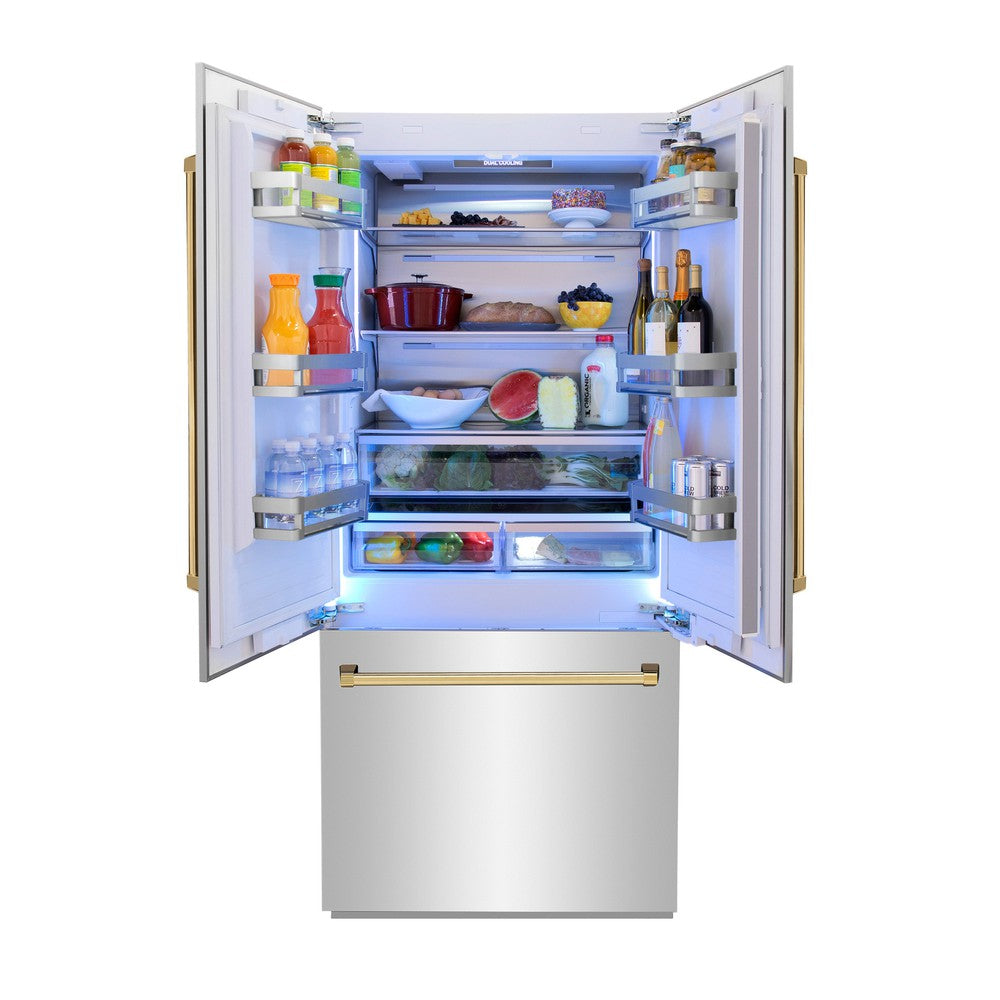 ZLINE Autograph Edition 36 in. 19.6 cu. ft. Built-in 3-Door French Door Refrigerator with Internal Water and Ice Dispenser in Stainless Steel with Polished Gold Accents (RBIVZ-304-36-G) front, open, with food inside refrigeration compartment.