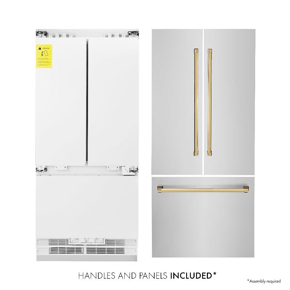 ZLINE Autograph Edition 36 in. 19.6 cu. ft. Built-in 3-Door French Door Refrigerator with Internal Water and Ice Dispenser in Stainless Steel with Polished Gold Accents (RBIVZ-304-36-G) front, refrigeration unit next to panels and handles. Text: Handles and Panels Included.