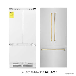 ZLINE Autograph Edition 36 in. 19.6 cu. ft. Built-in 3-Door French Door Refrigerator with Internal Water and Ice Dispenser in Stainless Steel with Polished Gold Accents (RBIVZ-304-36-G) front, refrigeration unit next to panels and handles. Text: Handles and Panels Included.