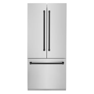 ZLINE Autograph Edition 36 in. 19.6 cu. ft. Built-in 3-Door French Door Refrigerator with Internal Water and Ice Dispenser in Stainless Steel with Matte Black Accents (RBIVZ-304-36-MB) front, closed.