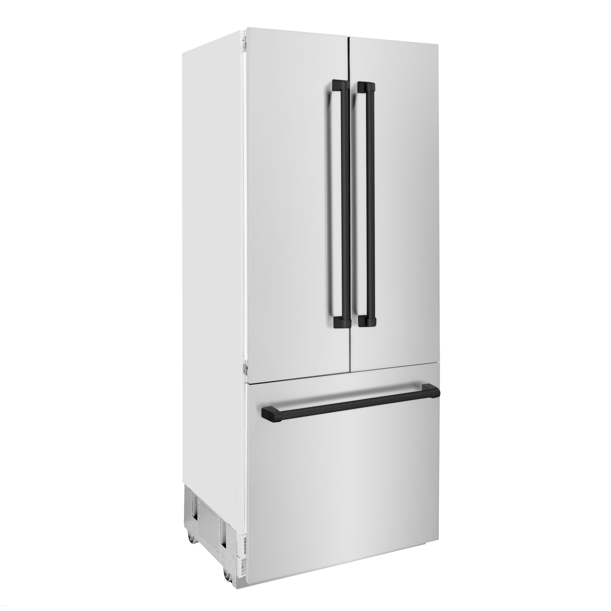 ZLINE Autograph Edition 36 in. 19.6 cu. ft. Built-in 3-Door French Door Refrigerator with Internal Water and Ice Dispenser in Stainless Steel with Matte Black Accents (RBIVZ-304-36-MB) side, closed.