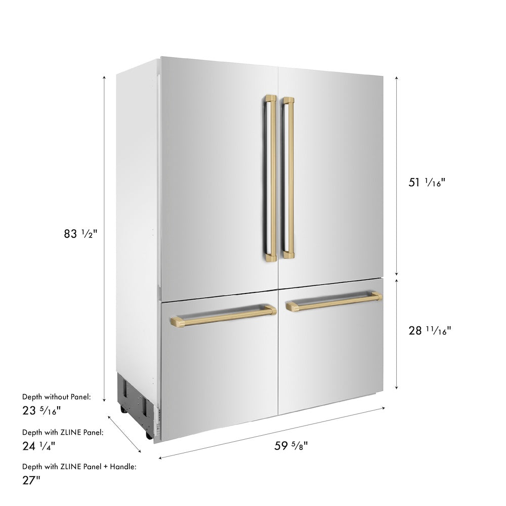 ZLINE Autograph Edition 60 in. 32.2 cu. ft. French Door Built-In Bottom Freezer Refrigerator with Water Dispenser and Ice Maker in Stainless Steel with Champagne Bronze Accents (RBIVZ-304-60-CB) dimensional diagram.