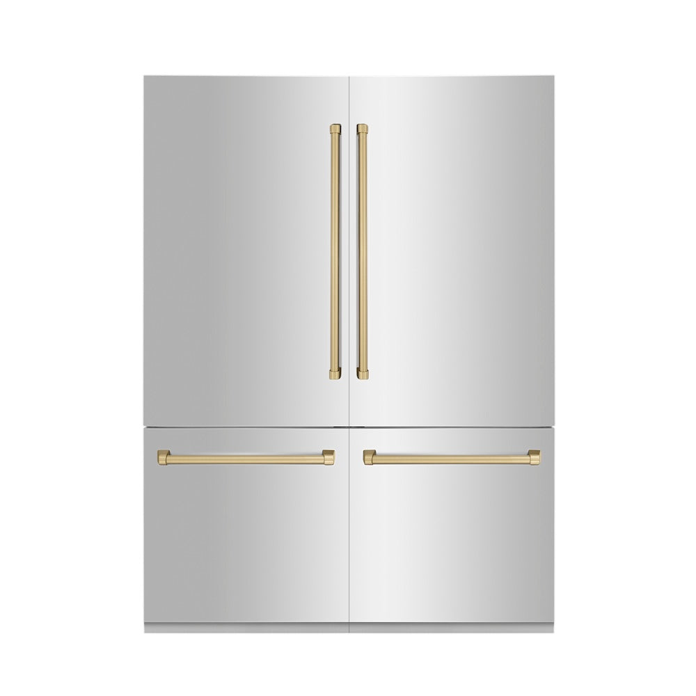 ZLINE Autograph Edition 60 in. 32.2 cu. ft. French Door Built-In Bottom Freezer Refrigerator with Water Dispenser and Ice Maker in Stainless Steel with Champagne Bronze Accents (RBIVZ-304-60-CB) front, closed.