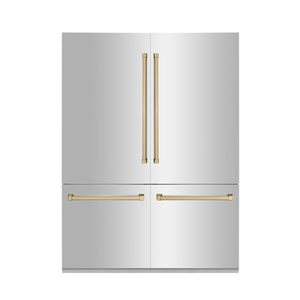 ZLINE Autograph Edition 60 in. 32.2 cu. ft. French Door Built-In Bottom Freezer Refrigerator with Water Dispenser and Ice Maker in Stainless Steel with Champagne Bronze Accents (RBIVZ-304-60-CB) front, closed.