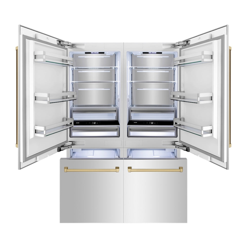 ZLINE Autograph Edition 60 in. 32.2 cu. ft. French Door Built-In Bottom Freezer Refrigerator with Water Dispenser and Ice Maker in Stainless Steel with Champagne Bronze Accents (RBIVZ-304-60-CB) front, refrigeration compartment and bottom freezer open with interior lighting activated.