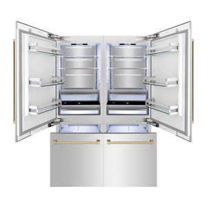 ZLINE Autograph Edition 60 in. 32.2 cu. ft. French Door Built-In Bottom Freezer Refrigerator with Water Dispenser and Ice Maker in Stainless Steel with Champagne Bronze Accents (RBIVZ-304-60-CB) front, refrigeration compartment and bottom freezer open with interior lighting activated.