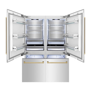 ZLINE Autograph Edition 60 in. 32.2 cu. ft. French Door Built-In Bottom Freezer Refrigerator with Water Dispenser and Ice Maker in Stainless Steel with Champagne Bronze Accents (RBIVZ-304-60-CB) front, open.