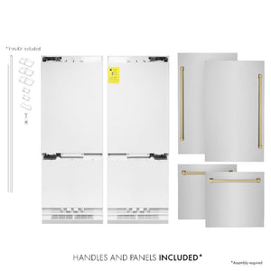 ZLINE Autograph Edition 60 in. 32.2 cu. ft. French Door Built-In Bottom Freezer Refrigerator with Water Dispenser and Ice Maker in Stainless Steel with Champagne Bronze Accents (RBIVZ-304-60-CB) front. Next to panels and handles.
