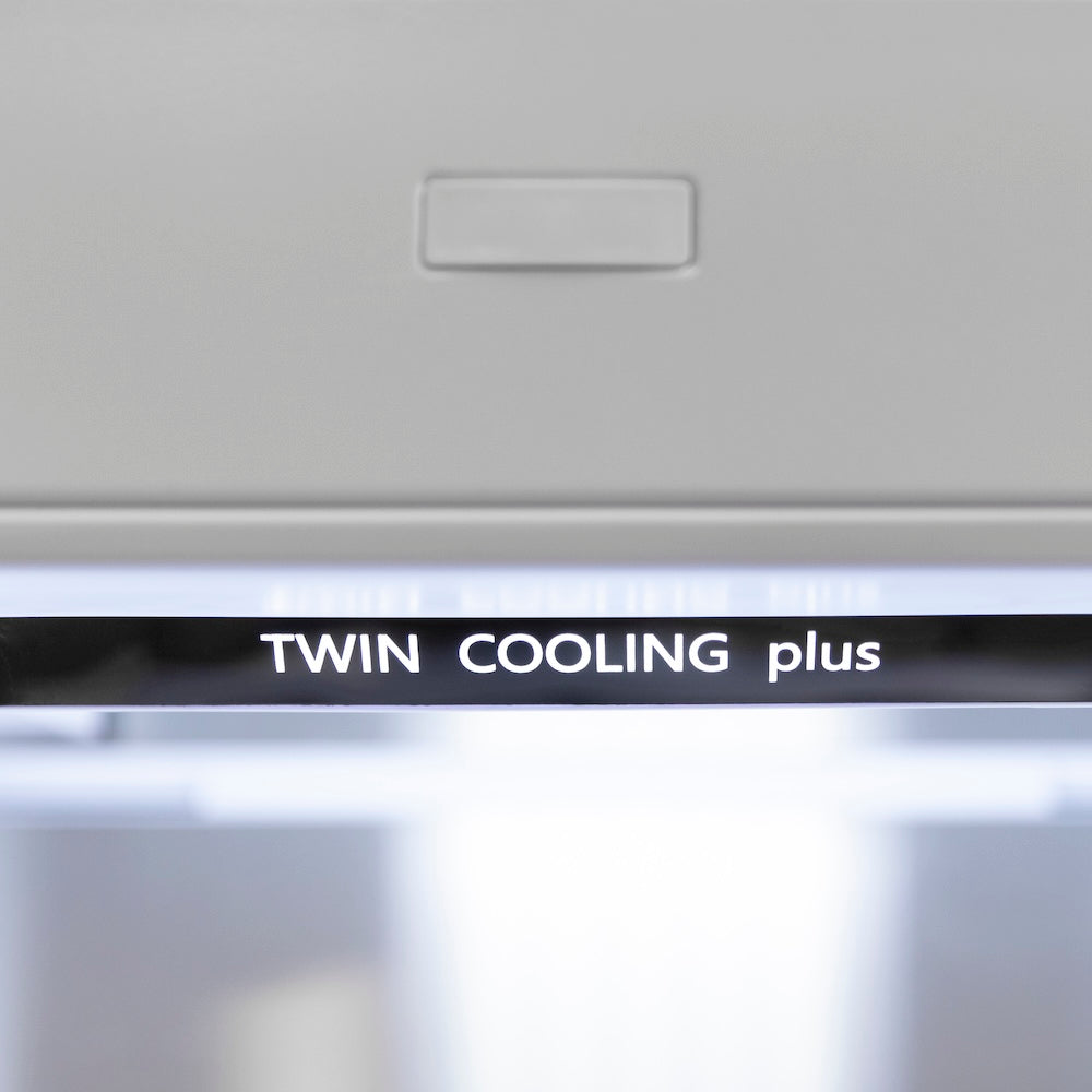 ZLINE Autograph Edition 60 in. 32.2 cu. ft. French Door Built-In Bottom Freezer Refrigerator with Water Dispenser and Ice Maker in Stainless Steel with Polished Gold Accents (RBIVZ-304-60-G) with 'TWIN COOLING plus' label