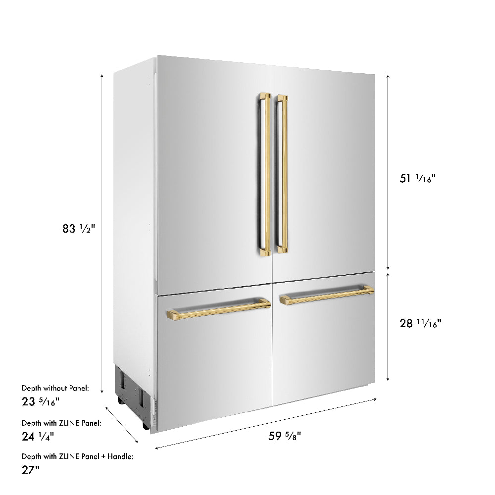 ZLINE Autograph Edition 60 in. 32.2 cu. ft. French Door Built-In Bottom Freezer Refrigerator with Water Dispenser and Ice Maker in Stainless Steel with Polished Gold Accents (RBIVZ-304-60-G) dimensional diagram.
