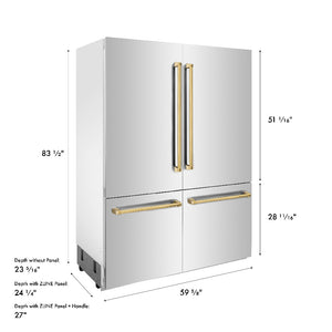 ZLINE Autograph Edition 60 in. 32.2 cu. ft. French Door Built-In Bottom Freezer Refrigerator with Water Dispenser and Ice Maker in Stainless Steel with Polished Gold Accents (RBIVZ-304-60-G) dimensional diagram.