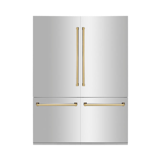 ZLINE Autograph Edition 60 in. 32.2 cu. ft. French Door Built-In Bottom Freezer Refrigerator with Water Dispenser and Ice Maker in Stainless Steel with Polished Gold Accents (RBIVZ-304-60-G) front, closed.