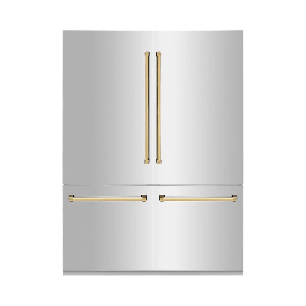 ZLINE Autograph Edition 60 in. 32.2 cu. ft. French Door Built-In Bottom Freezer Refrigerator with Water Dispenser and Ice Maker in Stainless Steel with Polished Gold Accents (RBIVZ-304-60-G) main image.