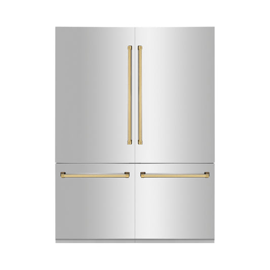 ZLINE Autograph Edition 60 in. 32.2 cu. ft. Built-in 4-Door French Door Refrigerator with Internal Water and Ice Dispenser in Stainless Steel with Polished Gold Accents (RBIVZ-304-60-G)