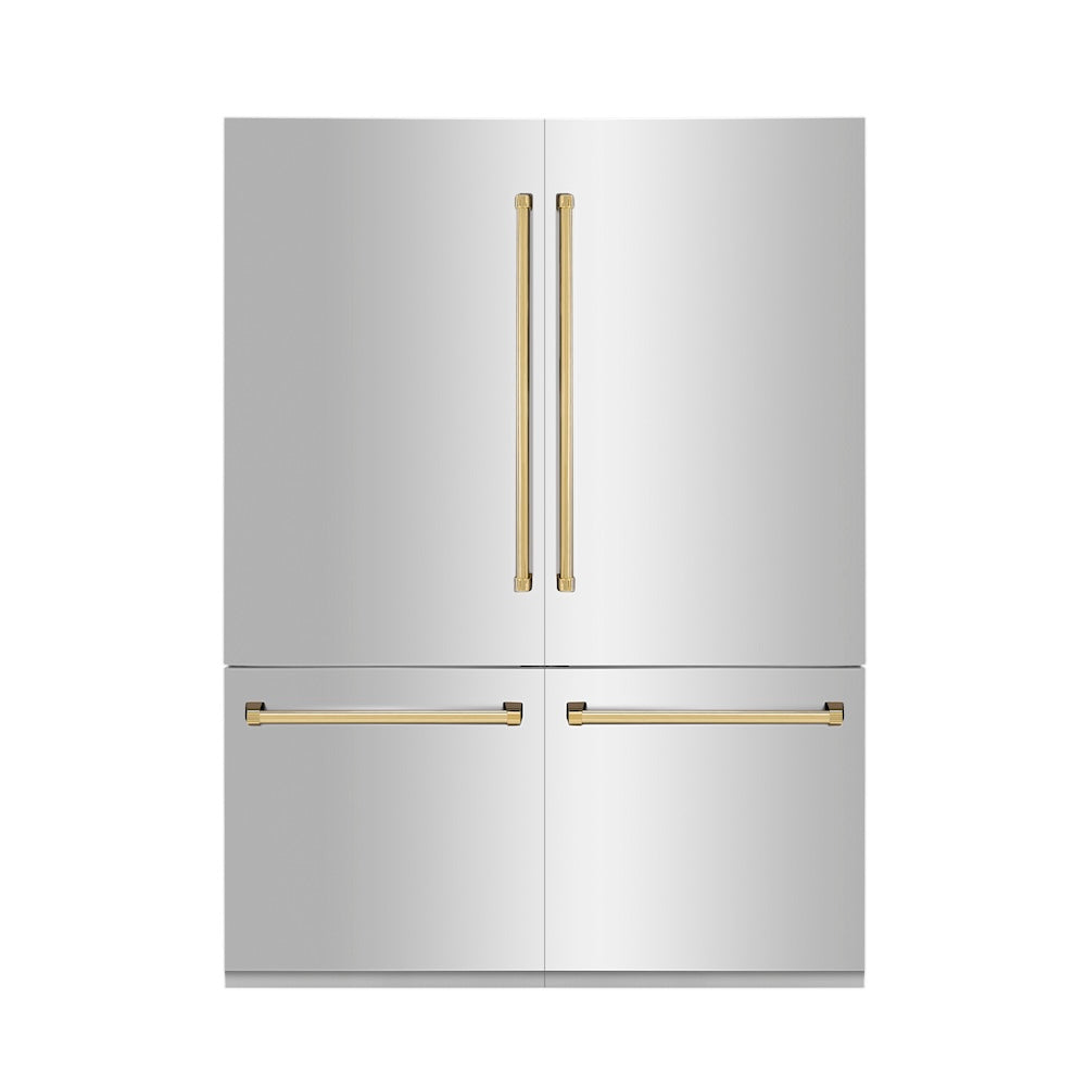 ZLINE Autograph Edition 60 in. 32.2 cu. ft. French Door Built-In Bottom Freezer Refrigerator with Water Dispenser and Ice Maker in Stainless Steel with Polished Gold Accents (RBIVZ-304-60-G) front, closed.