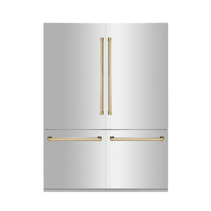 ZLINE Autograph Edition 60 in. 32.2 cu. ft. French Door Built-In Bottom Freezer Refrigerator with Water Dispenser and Ice Maker in Stainless Steel with Polished Gold Accents (RBIVZ-304-60-G) front, closed.