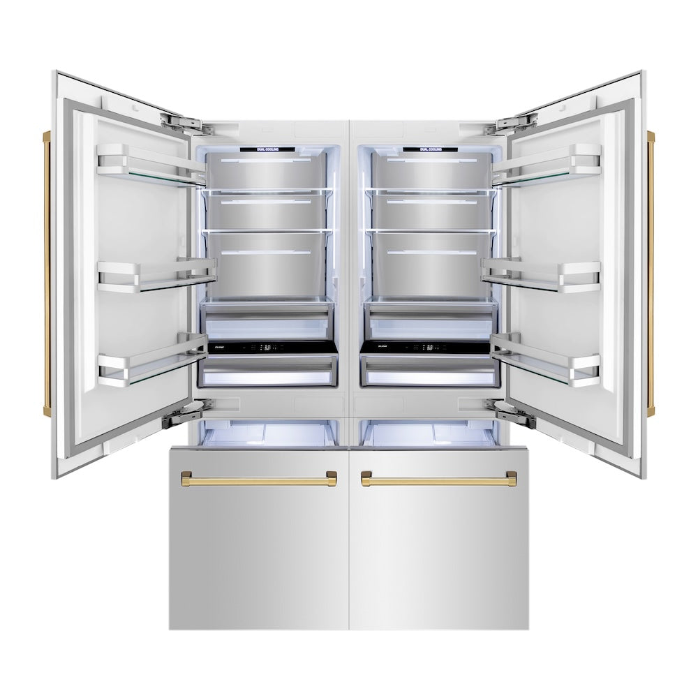 ZLINE Autograph Edition 60 in. 32.2 cu. ft. French Door Built-In Bottom Freezer Refrigerator with Water Dispenser and Ice Maker in Stainless Steel with Polished Gold Accents (RBIVZ-304-60-G) front, refrigeration compartment and bottom freezer open with interior lighting activated.