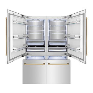 ZLINE Autograph Edition 60 in. 32.2 cu. ft. French Door Built-In Bottom Freezer Refrigerator with Water Dispenser and Ice Maker in Stainless Steel with Polished Gold Accents (RBIVZ-304-60-G) front, refrigeration compartment and bottom freezer open with interior lighting activated.