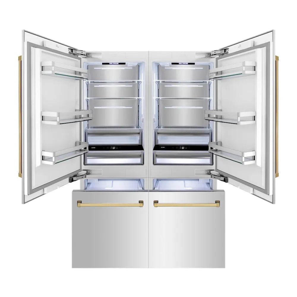 ZLINE Autograph Edition 60 in. 32.2 cu. ft. French Door Built-In Bottom Freezer Refrigerator with Water Dispenser and Ice Maker in Stainless Steel with Polished Gold Accents (RBIVZ-304-60-G) front, refrigeration compartment and bottom freezer open with interior lighting activated.