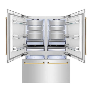 ZLINE Autograph Edition 60 in. 32.2 cu. ft. French Door Built-In Bottom Freezer Refrigerator with Water Dispenser and Ice Maker in Stainless Steel with Polished Gold Accents (RBIVZ-304-60-G) front, refrigeration compartment and bottom freezer open with interior lighting activated.
