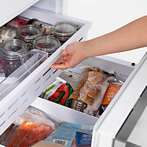ZLINE Autograph Edition 60 in. 32.2 cu. ft. Built-in 4-Door French Door Refrigerator with Internal Water and Ice Dispenser in Stainless Steel with Matte Black Accents (RBIVZ-304-60-MB) close-up, using the bottom freezer drawer.