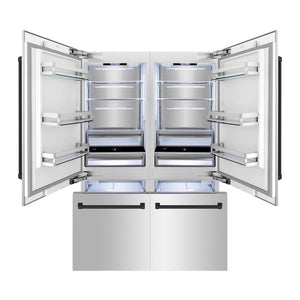 ZLINE Autograph Edition 60 in. 32.2 cu. ft. French Door Built-In Bottom Freezer Refrigerator with Water Dispenser and Ice Maker in Stainless Steel with Matte Black Accents (RBIVZ-304-60-MB) front, open.