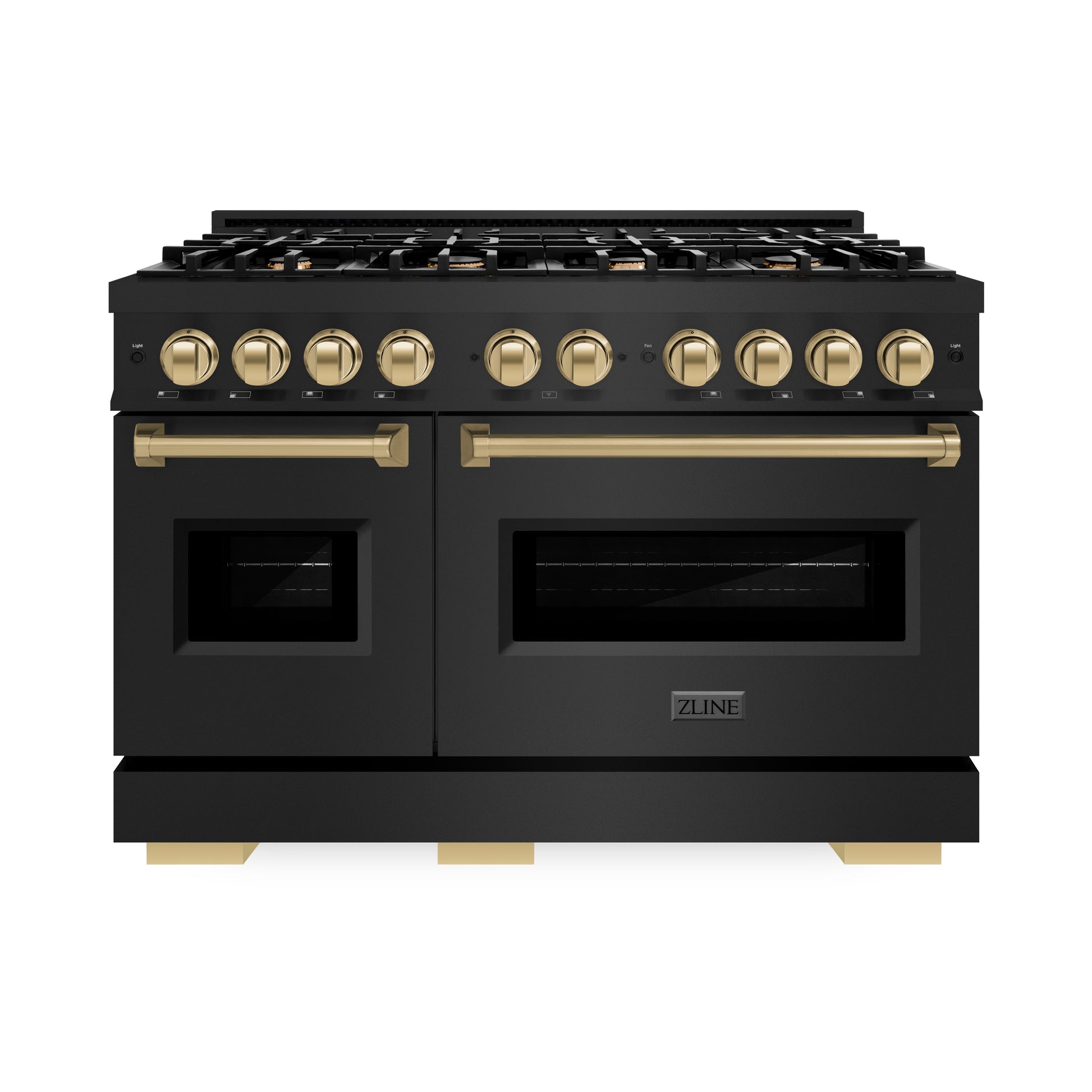 ZLINE Autograph Edition 48 in. 6.7 cu. ft. Classic Double Oven Dual Fuel Range with 8 Burner Gas Cooktop in Black Stainless Steel and Champagne Bronze Accents (CDRBZ-48-CB) front.