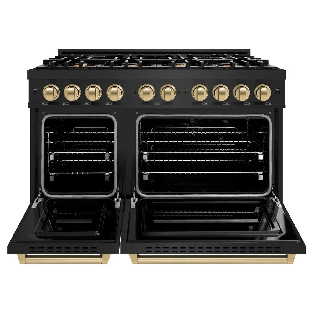 ZLINE Autograph Edition 48 in. 6.7 cu. ft. Classic Double Oven Dual Fuel Range with 8 Burner Gas Cooktop in Black Stainless Steel and Champagne Bronze Accents (CDRBZ-48-CB) front, oven open.