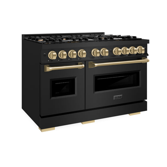 ZLINE Autograph Edition 48 in. 6.7 cu. ft. Classic Double Oven Dual Fuel Range with 8 Burner Gas Cooktop in Black Stainless Steel and Champagne Bronze Accents (CDRBZ-48-CB)