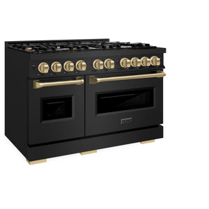 ZLINE Autograph Edition 48 in. 6.7 cu. ft. Classic Double Oven Dual Fuel Range with 8 Burner Gas Cooktop in Black Stainless Steel and Champagne Bronze Accents (CDRBZ-48-CB) side, closed.