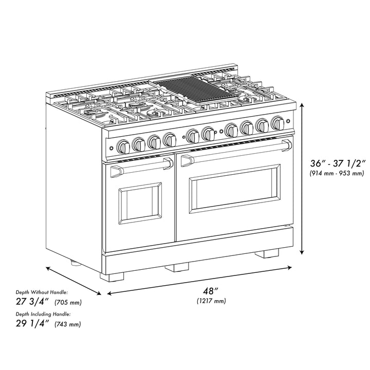 ZLINE Autograph Edition 48 in. 6.7 cu. ft. Classic Double Oven Dual Fuel Range with 8 Burner Gas Cooktop in Black Stainless Steel and Polished Gold Accents (CDRBZ-48-G) dimensional diagram.