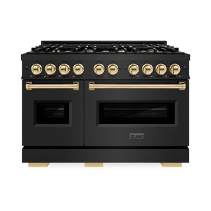 ZLINE Autograph Edition 48 in. 6.7 cu. ft. Classic Double Oven Dual Fuel Range with 8 Burner Gas Cooktop in Black Stainless Steel and Polished Gold Accents (CDRBZ-48-G) front, oven closed.