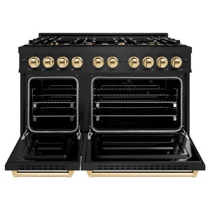ZLINE Autograph Edition 48 in. 6.7 cu. ft. Classic Double Oven Dual Fuel Range with 8 Burner Gas Cooktop in Black Stainless Steel and Polished Gold Accents (CDRBZ-48-G) front, oven open.