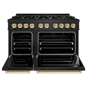 ZLINE Autograph Edition 48 in. 6.7 cu. ft. Classic Double Oven Dual Fuel Range with 8 Burner Gas Cooktop in Black Stainless Steel and Polished Gold Accents (CDRBZ-48-G) front, oven open.