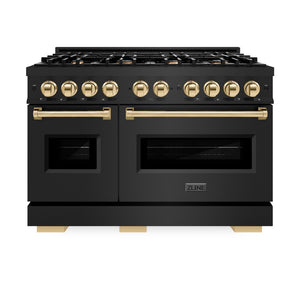 ZLINE Autograph Edition 48 in. 6.7 cu. ft. Classic Double Oven Dual Fuel Range with 8 Burner Gas Cooktop in Black Stainless Steel and Polished Gold Accents (CDRBZ-48-G) front, oven closed.